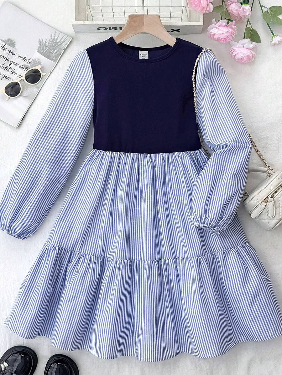 SHEIN 少女优雅可爱圆领针织拼布条纹腰部喇叭裙，秋冬 - 藍白色 - 查看 1