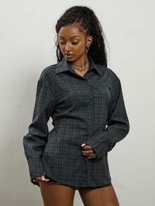 COUREZ Áo sơ mi dài tay thắt eo họa tiết kẻ ô vuông / Áo mùa hè phong cách cổ điển Y3K Y2K - Nhiều màu - Xem 4