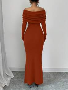 Selianne Off Shoulder Fitted Strapless Fishtail Maxi Sweater Dress, Suitable For Valentine's Day - Orange - View 3