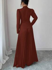 Elenzga 女士优雅通勤黑色西装外套，翻领和金边装饰纽扣，长泡泡袖，合身设计 + 女士优雅通勤黑色褶皱设计宽松阔腿裤，春秋 - 橘色 - 查看 2