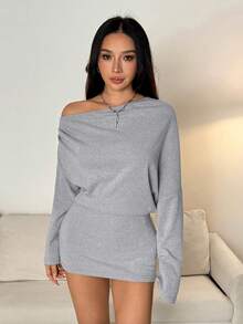 SHEIN PETITE Đầm ôm sát tay dài trễ vai bằng cashmere mới cho mùa xuân hè dành cho nữ, phong cách Y2K, thời trang đường phố. - Xám - Xem 1