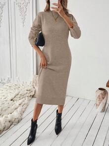 SHEIN Vestido de punto de unicolor casual para mujer, versátil para otoño/invierno - Caqui - Ver 5