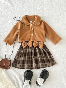 Playful Pals 女婴休闲圆领束腰蝴蝶结格子双面羊毛开衫连衣裙，秋冬 - 棕色 - 查看 8