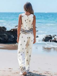 Sylviya 2pcs/Set Women Casual Patterned Button Decor Back Pants Set Beach Essentials Summer Outfits For Women Vacation Outfits Woman Beach Outfits For Woman Beach Business Casual Woman Women Summer Clothes Vacation Vacation Outfits Women Country Concert Outfit Two Pieces Summer Set Summer Clothes Women Beach Vacation Outfits Airport Outfit For Women Hawaii Outfits Women Old Money Style Women Bohemian Clothes Vacation Outfits Set With Pockets