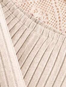 2pcs/Set Girls Elegant Beaded Knit Ribbed Fluffy Puff Sleeve Top And Simple Knit Pants Casual Outfit, Autumn/Winter - Apricot - View 6