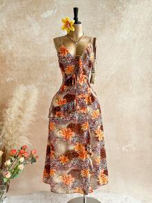 Soleia Women's Leopard Floral Print Sleeveless Dress,All Shades Of Brown,Summer,Boho,Beach,Holiday Casual Winter Clothes Outfit Country Concert - Multicolor - View 1