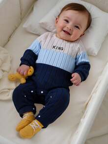 SHEIN 1pc Baby Boys' Colorblock Crew Neck Long Sleeve Jumpsuit,Comfortable Casual Ribbed Knit Romper For Autumn,Spring,Winter Outdoor Play & Home Wear - Blue - View 3
