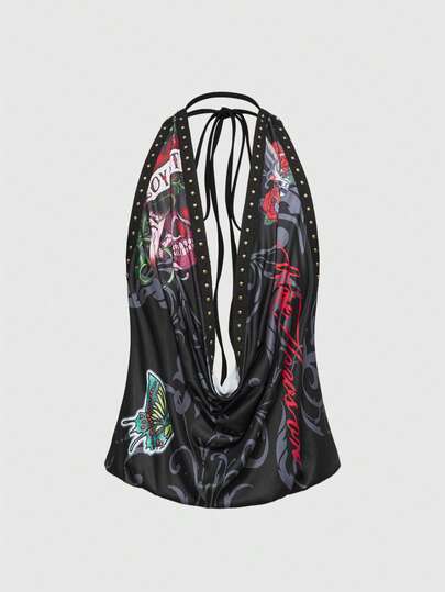 Grunge Punk كامسول نسائي بطبعة جمجمة وفراشة وزهور بطراز الفينتاج Y2K، بياقة عميقة منسدلة وجذاب