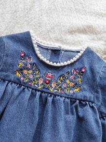 Vintaside Kids 1pc Girls Autumn Dress,Blue Floral Embroidered,Round Neck With Lace Trim,Long Sleeves,Elegant Party Princess,Vintage French Style Casual Dress - Medium Wash - View 8