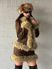 Jeanoix Women's Casual Denim Jacket With Fur Collar, Fashionable For Autumn/Winter - Brown - View 4