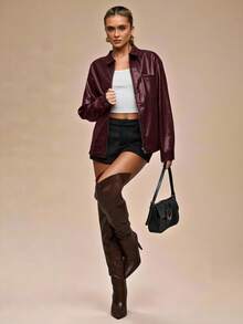 SHEIN BAE Women's Fashion Solid Color Drop Shoulder Long Sleeve Zip-Up Jacket - Burgundy - View 7