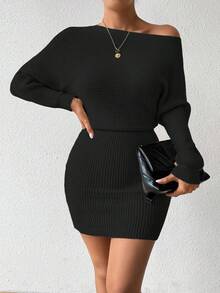 Elenzga Autumn/Winter New Solid Color Cinched Waist Bodycon Knit Dress - Black - View 7