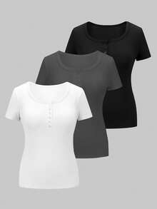 Plus Size Solid Color Casual T-Shirt With Button Decor, Minimalist Design