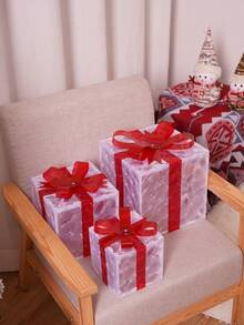 Teckwe 3 Pcs Christmas LED Lighted Gift Boxes, Transparent Warm White Lighted Christmas Box Decorations, Presents Boxes With Red Bows For Christmas Tree, Yard, Home, Christmas Decorations - Transparent + Red - View 3