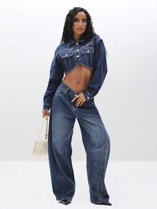 BABYPHAT Cropped Denim Jacket With Embroidered Script Detail And Distressed Finish For Women Fall Winter Outerwear - Dark Wash - View 2