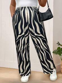 SHEIN Clasi Pantalones casuales/de trabajo con estampado de olas en blanco y negro para mujer de talla grande - Blanco y Negro - Ver 4