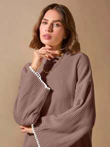 SHEIN Pullover Bege Long Sweater With Hem And Sleeve Detail+320 - Dusty Pink - View 6