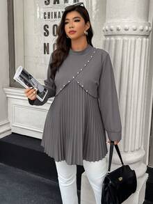 Easura Plus Size Elegant Commuter Shirt With Pearl Decor And Pleated Design - Grey - View 4