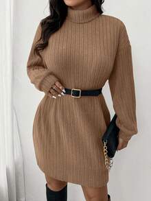 SHEIN Frenchy Vestido de cuello alto acanalado con textura suave, de estilo minimalista y casual, talla grande, adecuado para el tiempo libre y el hogar, otoño/invierno - Caqui - Ver 6