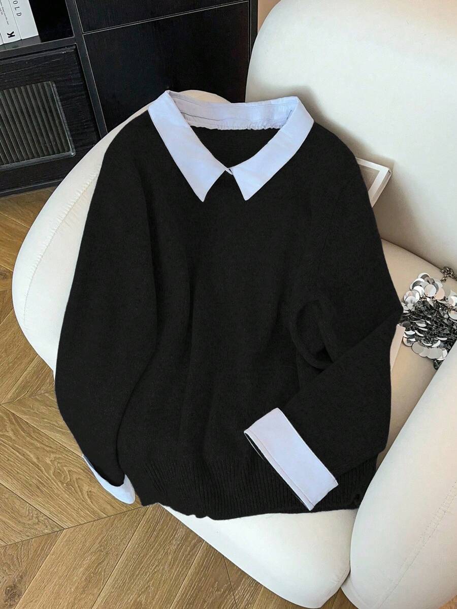 SHEIN Clasi Plus Size Women Casual Everyday/Office Commute Colorblock 2 In 1 Sweater, Autumn/Winter - Black - View 1