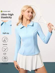 CourtClass Women's Minimalist Solid Color Zip-Up Long Sleeve Sports Polo Shirt, Autumn Polos For Women Upf Shirt Women Long Sleeve Polo Shirt Golf Tops For Women Blue Polo Shirt Women Tennis Tops Women Golf Tops For Woman Uv Protection Shirt - Baby Blue - View 1