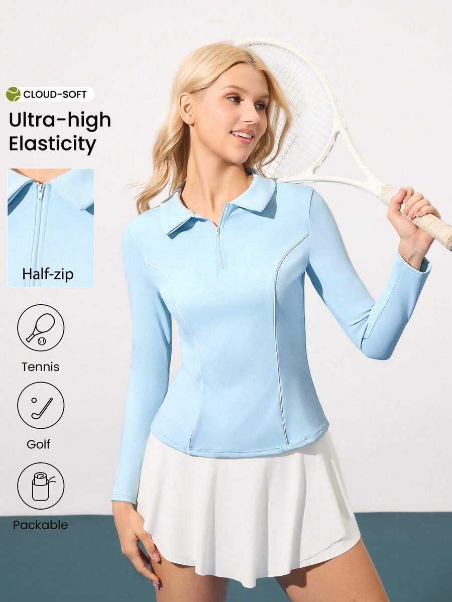 CourtClass Women's Minimalist Solid Color Zip-Up Long Sleeve Sports Polo Shirt, Autumn Polos For Women Upf Shirt Women Long Sleeve Polo Shirt Golf Tops For Women Blue Polo Shirt Women Tennis Tops Women Golf Tops For Woman Uv Protection Shirt - Baby Blue - View 1