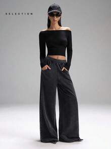 LYSMO 女式休闲宽松运动裤，饰有水钻 - 黑色 - 查看 6