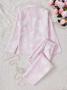 SHEIN 2pcs Tween Girl Cute Cloud & Moon Pattern Long Sleeve Top And Pants Pajama Set, Blush Pink Autumn Simple Elegant Sleep Nightwear For Tween Girl - Baby Pink - View 2