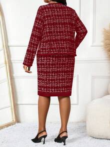 Fleurora 大码女装优雅黑色针织针织女秋季套装背心裙冬季女装套装黑色裙子黑色两件套 - 酒紅色 - 查看 2