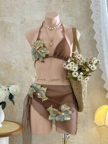 Bellisia Set de 3 piezas de bikini estilo bohemio con tela de red de ganchillo brillante y sexy, conjunto de bikini con pareo para cubrir para vacaciones en la playa, atuendo para fiesta de San Valentín o Navidad para mujer