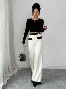 Elenzga New Fashionable & Elegant High-End Color Block Wide Leg Pants, Women Long Trousers - Multicolor - View 5