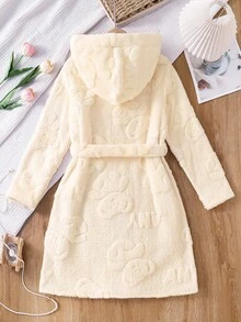 女童提花泰迪熊绒长袖睡袍，冬季居家休闲服，温暖舒适的秋冬浴袍 - 米色 - 查看 2