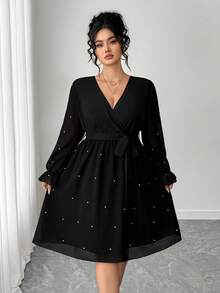 Elenzga 大码女式流行蝴蝶领拼色长袖连衣裙，荷叶边袖口，珍珠装饰，适合日常通勤、派对、晚装，秋冬 - 黑色 - 查看 6