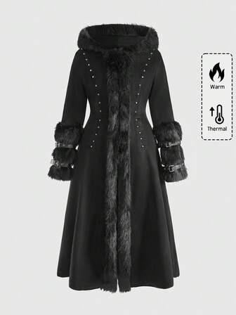 Goth Sombrero puntiagudo de estilo gótico y con peluche para Navidad en talla grande, chaqueta larga con capa y puños de piel, abrigo largo de estilo gótico oscuro en talla grande para otoño/invierno, abrigo largo negro elegante y vintage para fiesta, abrigo negro, chaqueta negra retro y elegante para mujer