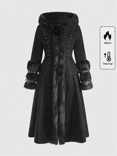 Goth Cappello puntato e peloso gotico natalizio oversize, giacca con cintura e polsini in pelliccia, cappotto lungo con cappuccio stile gotico oversize per l'autunno/inverno, elegante cappotto lungo nero stile vintage per feste, cappotto nero, giacca nera vintage elegante per feste per donne