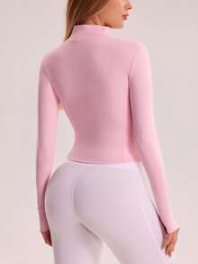 Sovereign Charm 女士撞色长袖拉链修身运动夹克，女士夹克，女式外套，女士健身服，女士健身服，女士冬季运动服，健身套装，女士运动套装，女士冬季夹克 - 粉色 - 查看 3