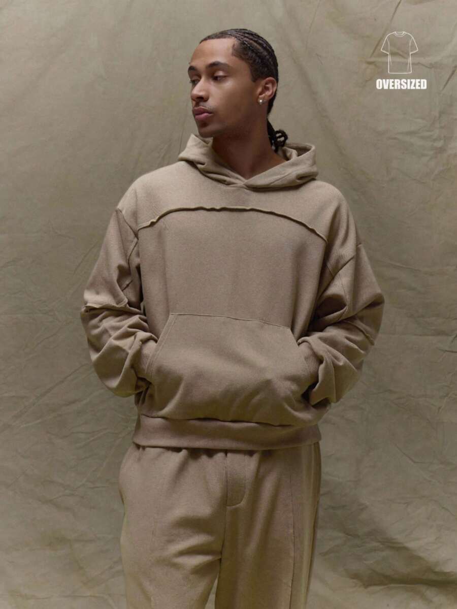 Musero Relaxed Fit Long Sleeve Double Layer Style Shoulder Hoodie Premium Tracksuit Raw Seam Effect Pocket Fall SPRING SUMMER - Grey - View 1
