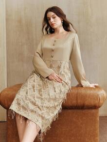 Anewsta New Khaki Plus Size Women's Elegant Patchwork Tassel Fabric Square Collar Chic Slimming New Year Dress - Khaki - View 1