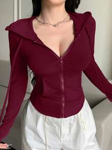 DAZY Valentine's Day Zip-Up Hoodie Sweatshirt, Slim Fit Women Sports Tee,Back To School Clothes Long Sleeve Women Tops - Burgundy - View 2