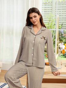 Doze Lane Brown Striped Double-Layered Bow Decor Pocket Comfortable Casual Top & Pants Pajama Set For Women, Winter Clothes - Brown - View 5