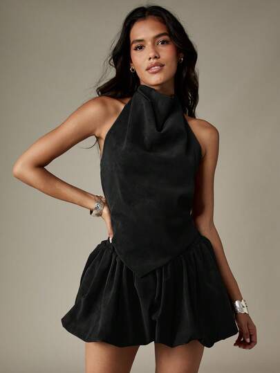 MISSGUIDED Halter Neck Two Piece Coord Set With Ruffle Hem And Open Back Detail