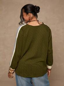 Freevana Plus Size Women Cable Knit Texture Casual Raglan Sleeve Colorblock Pullover T-Shirt, Autumn/Winter - Army Green - View 2