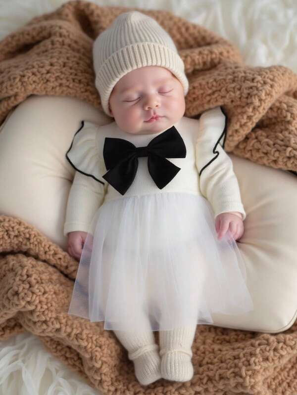 新生女婴甜美优雅连衣裙，蝴蝶结设计，荷叶边袖子，精致可爱，面料柔软舒适，蓬松裙摆，百搭适合任何场合