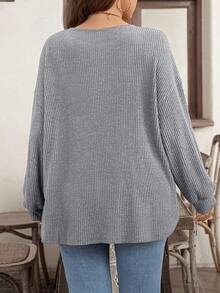 EMERY ROSE Plus Size Casual Ribbed Button Decor Round Neck Drop Shoulder Long Sleeve T-Shirt, Autumn - Blue - View 2