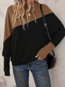 SHEIN LUNE بلوزة رياضية بأكمام خفافيش ذات لونين، مناسبة لحفل التخرج والمعلمين وعودة المدارس في فصل الخريف/الشتاء، بأكمام طويلة للنساء في فصل الشتاء - بني مخاوي - مشاهدة 5