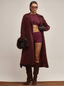 MUSERA 系腰带中长款风衣优雅秋季冬季圣诞节夜间外出工作可爱性感 - 酒紅色 - 查看 1