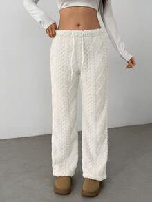 Flirla Women's Solid Color Drawstring Straight Leg Casual Fleece Warm Pants - White - View 4