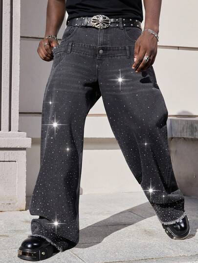 Street Life Jeans décontractés à jambe droite, coupe ample, couleur unie, avec strass, boucles de ceinture et double taille. Style grunge