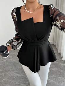 Cravure Blouse élégante pour femmes grandes tailles, col asymétrique, taille cintrée, coupe évasée, patchwork en tissu brodé et maille, automne/hiver - Noir - Voir 3