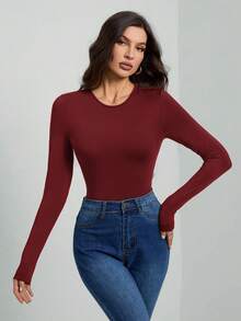 SHEIN Tall Solid Color Long Sleeve Slim Fit Black T-Shirt Bodysuit